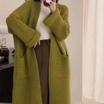 Thick Warm Long Sleeve Knitted Sweater Women's Loose Fit Autumn Winter Outerwear Cardigan Coat Soft Comfortable Large Size XXXL žalia