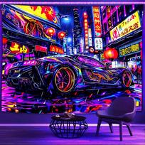 Cyberpunk Sports Car Neon Tapestry: Futuristic Street Glow,UV tapestry wall hanging bedroom home party decoration 100X70CM