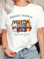 Women's Bergen Norway Fjord Heart Graphic Print T-Shirt - Vibrant Color Block Crew Neck Short Sleeve Top Casual Spring Summer XS white