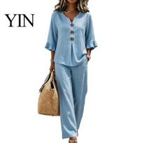 Slimming Wide Leg Pants Summer 2 Piece Sets for Women, Casual Ruffle 3/4 Sleeve Buttons V Top Women Neck And Matching Set, Loose Vacation Lounge XXXL šviesiai mėlyna spalva