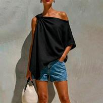 Women's Casual Color One Shoulder Asymmetric Top with Mid Sleeves for Everyday Wear L juoda