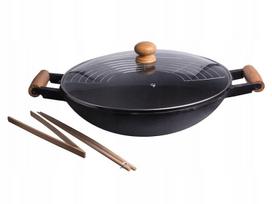 Wok keptuvė iš ketaus 35 cm su priedais, didelis rinkinys azijietiškai virtuvei