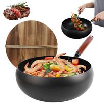 Wok keptuvė su mediniu dangčiu, 28 cm, tinkama indukcijai, juoda, plieninė