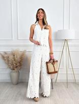 Women's V Collar Sleeveless Vest And Wide Leg Pants Two Piece Set Loose Fit Hollow Lace Casual Outfit Set S balta