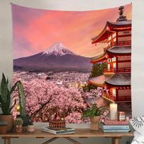 Japanese Style Mount Fuji Cherry Blossom Sunset Tapestry, Spring Scenery Background Cloth, Room Decoration 100X70CM brown