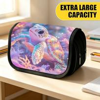 Double Layer Large Pencil Case, Vibrant Printed Pencil Pouch with Iridescent Glow Sea Turtle Design, Fashion Storage Bag, Portable Pencil Case with Zi 20x9x11cm gray