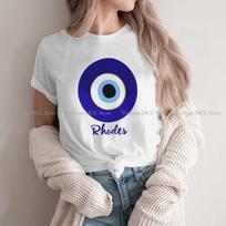 Rhodes  Greece Evil Eye Mati Blue White Graphic Polyester Tshirt Evil Eyes Printing Streetwear Leisure T Shirt Unisex S gray