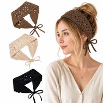 3 vnt. Nertas galvos skara, Boho nertas galvos raištis, Nerta bandana moterims, Universalūs plaukų aksesuarai kasdieniam dėvėjimui ir ypatingoms progoms beige