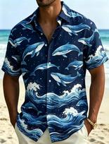 Beach essential! Short-sleeve shirt with whale & ocean wave prints, perfect for summer. S gray