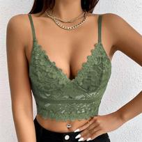 Moteriškas erotinis apatinis trikotažas Sexy Deep V vienspalvė nėriniuota liemenėlė su krūtinės įklotu Large beige