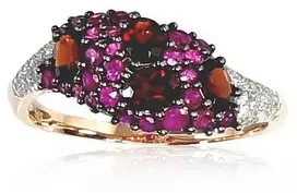 Diamond Sky Jewelry Auksinis žiedas su deimantais, rubinais ir granatais „Saulėta Simfonija II“