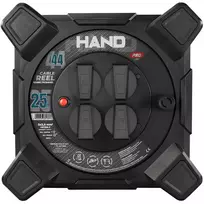 Būgninis ilgintuvas kvadratinis linija hand pro; 4x2p+su; ip44; 16a; h07rn-f; 3×2,5; 25m; schuko; juoda