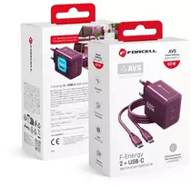 Telefono įkroviklis Forcell F-Energy GaN III Crystal Color 2x USB C AVS SSFC3.0 60W + silikoninis laidas USB C į USB C VT-60 bordo