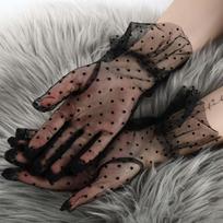 Fashion Mesh Gauze Ultra Thin Women Gloves Short Lace Tulle Transparent Black White Polka Dot Loose Mittens Full Finger Gloves One Size gray
