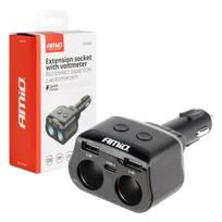 Cigarette lighter socket splitter 2x USB 1x USB-C 12V 24V + voltmeter AMIO-04173