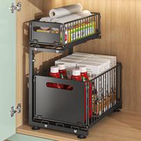 Adjustable L-shaped Kitchen Sink Organizer and Spice Rack Black L-shaped Foldable Pull-out Rack