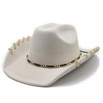 Trendy Western Cowboy Hat for Men And Women with Metal Chain Wide Brim Suede Visor Fashion Jazz Cap adult smėlis