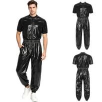 Men Waterproof Sauna Suit Jumpsuit Short Sleeve Front Zip Elastic Waist Side Pockets Jogging Pants Raincoat for Fitness Training S juoda
