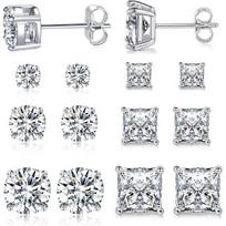 Nerūdijančio plieno auskarų rinkinys vyrams, 18K balto aukso dengti kvadratiniai cirkonio kristalo auskarai, hipoalerginiai vyriški auskarai, pakuotė 6 poros vyrams, moterims Sterling Silver gray