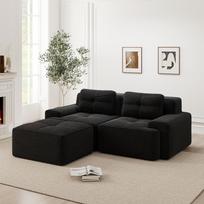 Be rėmo, moderni L formos modulinė svetainės sofa su gilia sėdimąja dalimi, patogi veliūrinė  debesų  sofa su pufiku, dygsniuota dvivietė miegamoji sofa, juoda 204 x 177 x 69 cm juoda