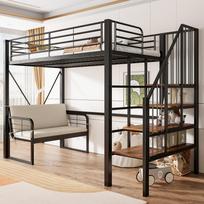 Dviaukštė lova (90 x 200) su tvirtu metaliniu rėmu, nuimama minkšta sofa, daiktų laikymo vieta ir saugi kopėtėlė. Tinka vaikams ir suaugusiems. Juoda. 251.5 x 95 x 170 cm juoda