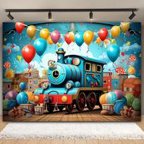Laimingos traukinuko gimtadienio vėliavėlė - Mielas transporto tematikos vakarėlio papuošimas pavasario ir vasaros šventėmsL 47.2x31.5inch/120*80cm blue