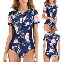 Women's One-piece Fashion Surf Short Sleeve Wetsuit With Chest Pad No Steel Bra Swimsuit L tamsiai mėlyna