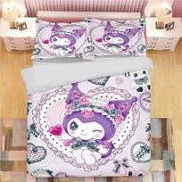 Sanrio Series Kuromi Duvet Bedding Set for Children King Size Luxury Cover 100% Polyester 3-Piece Christmas Gifts Home Decor EU Single(135*200cm)3pcs gray