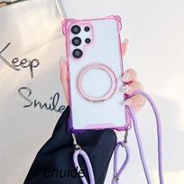Gradient Case For Samsung Galaxy S25 Ultra S23 S22 S24 Plus 360 Ring Holder Magnetic Lanyard Four Corners Shockproof Strap Cover S22 Ultra gray