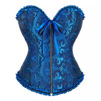 Zip Front Waist Trainer Corset Dress Overbust Corset Steel Boned Corset for Waist Shaping and Body Contouring with Lace Trim and Ribbon Bow L blue