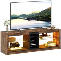TV unit with LED lights and remote control, shelves and open compartments, 140x35x47cm, brown 140 x 35 x 47 cm