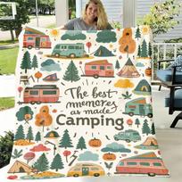 1pc Ultrasoft Camping Memories Flannel Blanket Vibrant Retro Style with RV, Campfire And Autumn Leaves Design Perfect for Bed, Sofa, Chair, Camping An 75X95CM gray