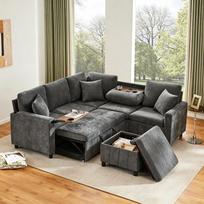 Šenilinė kampinė sofa su miego funkcija, pufas, skaitymo lempa, USB&Type-C, paslėptas staliukas, išskleidžiamas kavos staliukas, pilka, 205×205×85CM[9907] 205 x 205 x 85 cm pilka