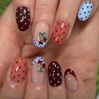 24Pcs Short Almond Press On Nails Autumn Winter Wine Red Wave Dot Cherry Blue French Tip False Nails brown