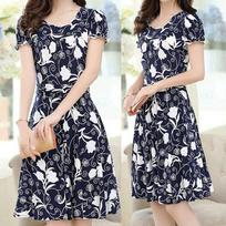 Women Elegant Fashion  Knee Length Short Sleeve Retro Printing Dress M juoda