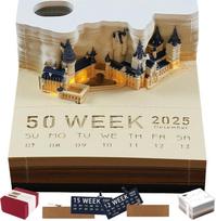 3D atmintinių kalendorius 2026, Magiško pilies 3D pasidaryk pats meno atmintinė su šviesomis, Laikrodžio kalendorius 2026 Nuplėšiamas drožinėtas lipnus pasidaryk pats pašto amatas(Stebuklų pilis) brown