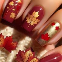 Thanksgiving Press on Nails Artificial Autumn Leaf Square False Nails Stick ons Nails for Women Girls Acrylic Manicure 1 black
