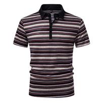 Men's Earth Tone Striped Polo Shirt - Multicolor Horizontal Stripe Contrast Black Collar 4-Button Placket Casual Retro Style Top S gray