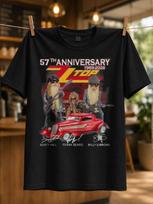 Zz Top 57-osios metinės Barzdota Grupė Karikatūros Su Karštu Raudonu Automobiliu Ir Parašo Vardais Klasikinis Rokas Unisex Visas Marškinėlis 4XL brown