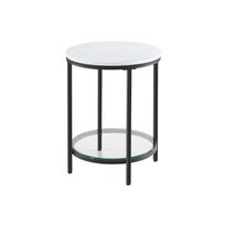 VASAGLE Side Table Bedside Table 2 Tier Wood Chipboard Tempered Glass Living Room Study Small Spaces Modern White Marble Effect Black Frame balta