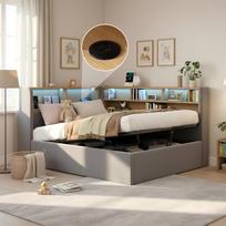Dieninė lova 90x200 cm su hidrauline saugykla, minkšta lova, dienos lova, miegamoji sofa su LED, USB ir atlošu, aksomas, pilka 225 x 110 x 90 cm pilka