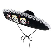 Kvėpuojantis meksikietiškas skrybėlė vaikams su kaukolės raštu patogumui ir apsaugai nuo saulės Sombrero skrybėlė Dia De Muertos šventei black