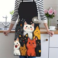 Cute Cat Pattern Polyester Apron  Vibrant Cartoon Cats with Hearts & Stars DesignKitchen Apron for Cooking, Baking Home Decor 50x75cm gray