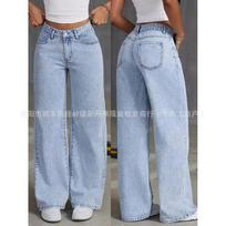 Women High Waist Straight Leg Jeans Vintage Washed Denim Pants Casual Loose Wide Trousers For Spring Daily Outfits S šviesiai mėlyna spalva