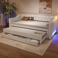 90x200 Apmušta dienos lova su LED apšvietimu, ištraukiama lova ir trimis stalčiais, smėlio spalvos 217 x 97 x 72 cm smėlis