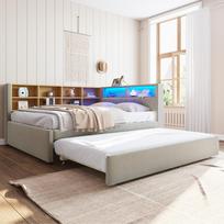 Sofa-lova 140*200, ištraukiama lova 90*190, su LED apšvietimu, rozetėmis ir daug daiktadėžių, viengulė lova, flanelė, šviesiai pilka. 213 x 153 x 98 cm šviesiai pilka spalva