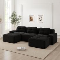 Modulinė sofa „Debesis“ Be atramų U formos sofa su pufiku, 3 vietų veliūrinė sofa „Debesis“ svetainei, nereikalaujanti surinkimo, juoda 293 x 177 x 69 cm juoda
