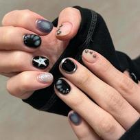 Blue Plaid Y2K Star Diamond Almond Press On Nails 24Pcs Sweet Wearable False Nail Tips brown