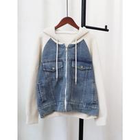 Autumn and winter new splicing denim hooded knitted double-sided woolen cardigan women's loose versatile sweater jacket one size fits all gray
