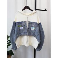 Autumn and winter new splicing denim knitted cardigan women's hooded loose sweater jacket temperament commuting one size fits all gray